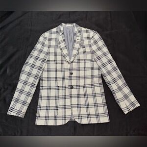 Zara Men’s Plaid Blazer Slim Fit Navy Grey White Textured 36